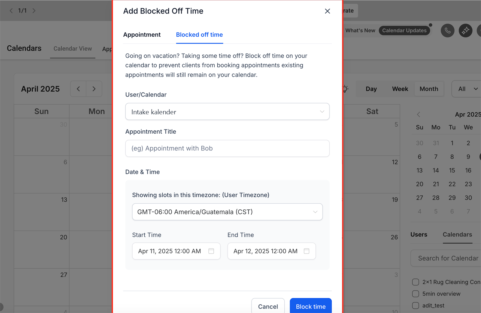 Blocked Off Time instellen in Leadgains