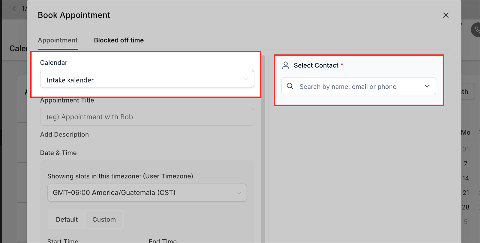 Kalender en contact selecteren in de afspraakmodule
