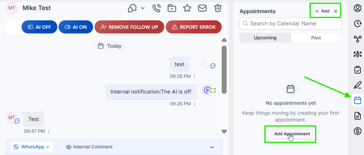 Appointments paneel openen vanuit Conversations en Add Appointment kiezen