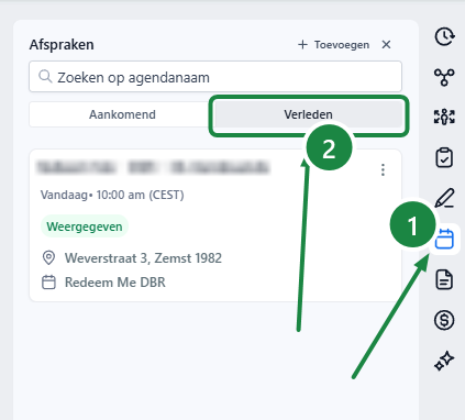 Appointments paneel in Conversations met de tab Verleden geselecteerd