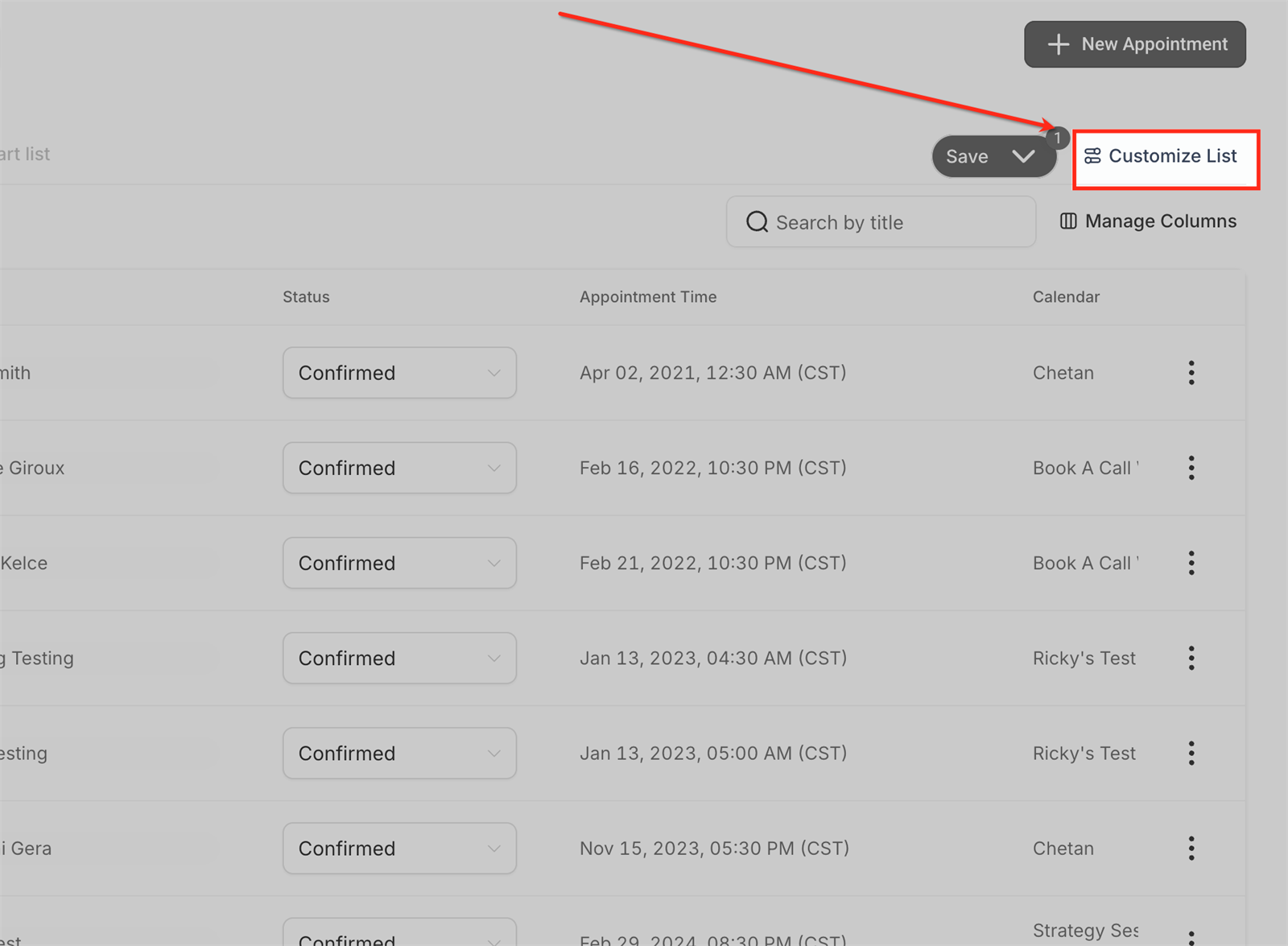 Customize List openen in Appointment List View