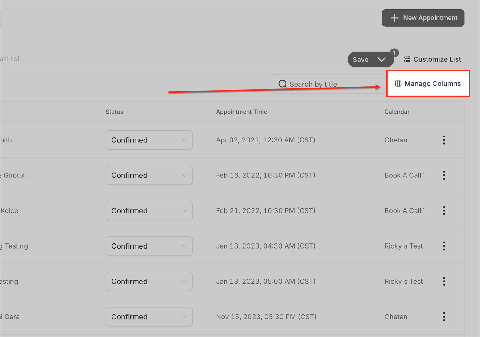 Kolommen beheren in Appointment List View