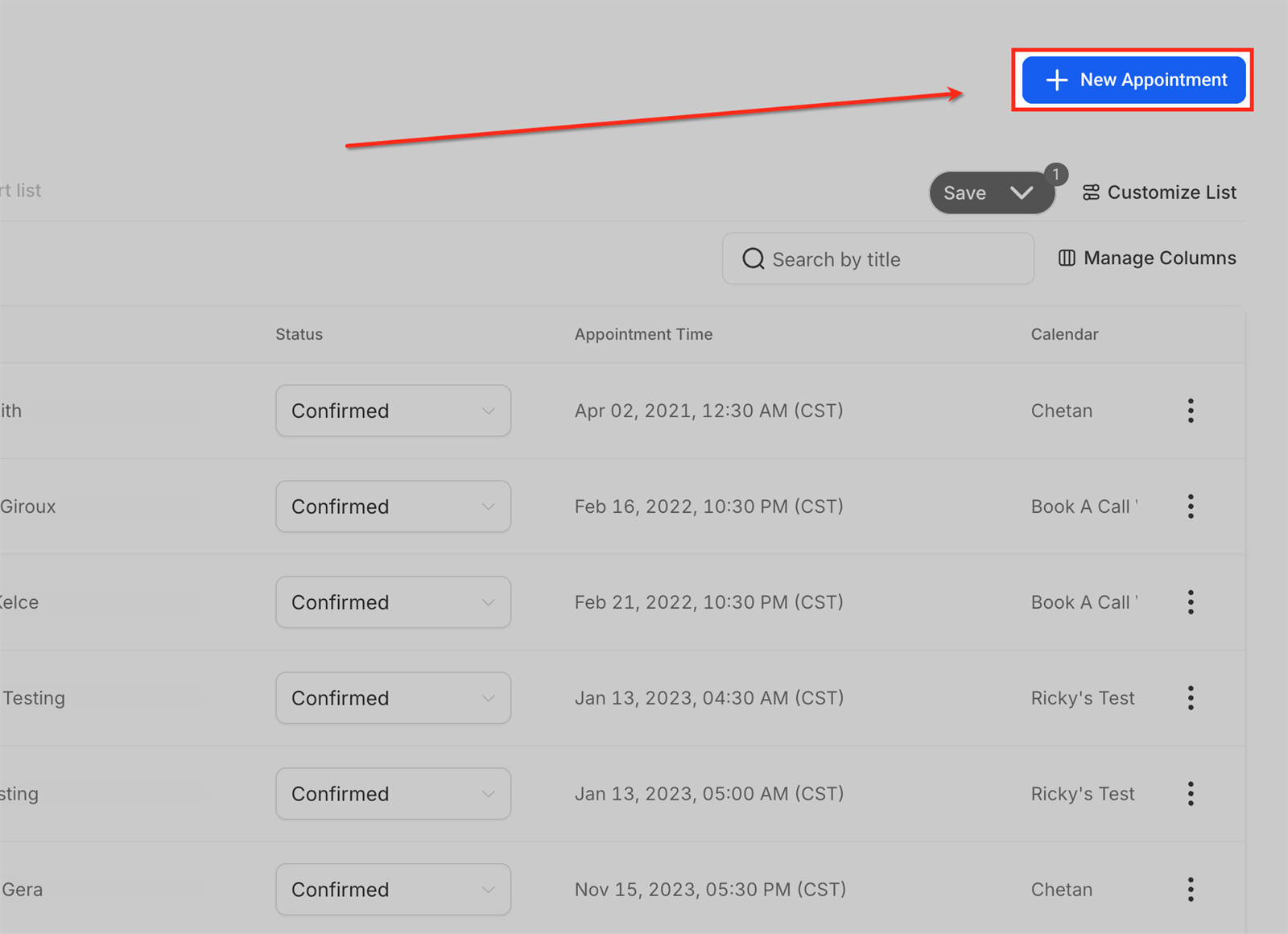 Nieuwe afspraak starten vanuit Appointment List View