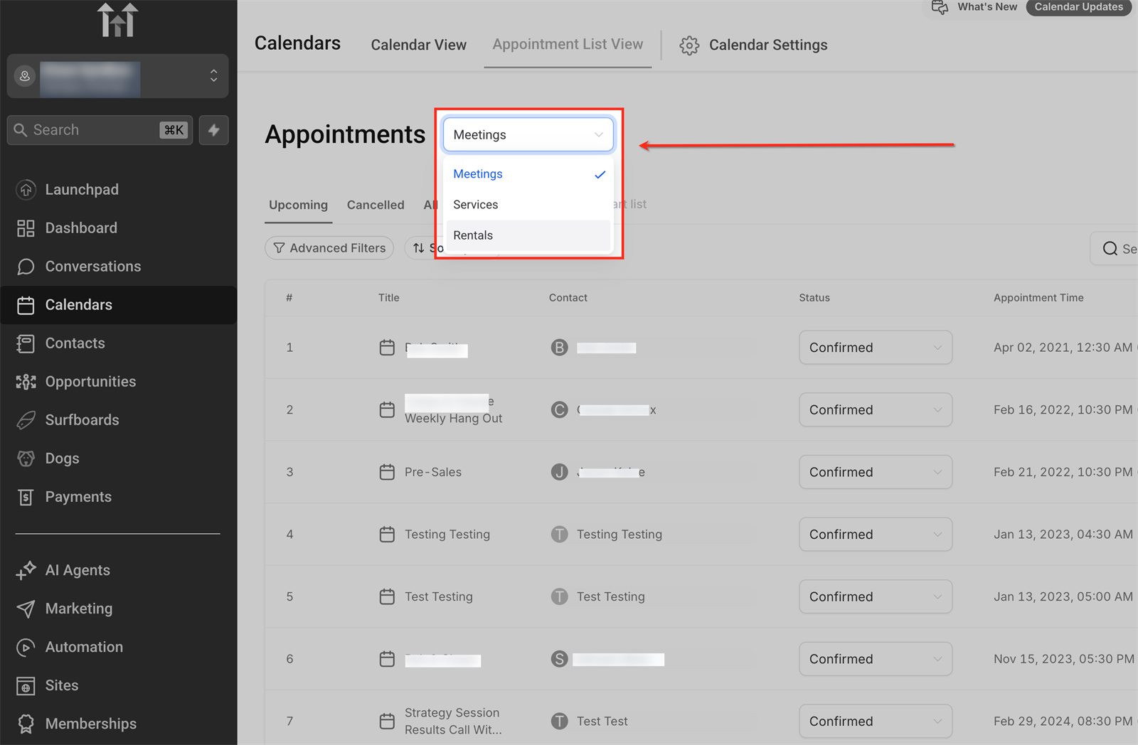 Afspraaksoort kiezen in Appointment List View