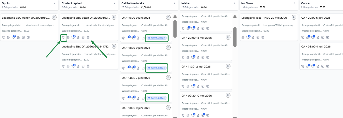 Pipeline in Leadgains met telefoonicoon en kalendericoon op leadkaarten gemarkeerd