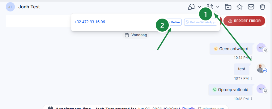 Telefoonmenu in Leadgains met nummer en knop Bellen
