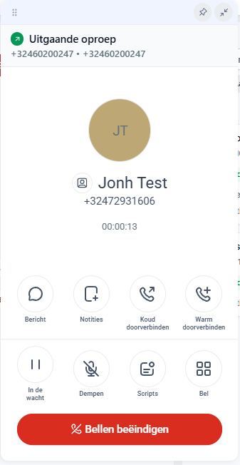 Uitgaande oproep in Leadgains met knoppen Bericht Notities Scripts en Bellen beëindigen