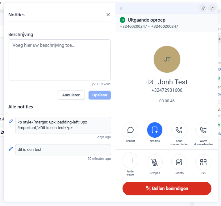 Notitiescherm naast een actieve uitgaande oproep in Leadgains