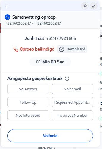 Samenvatting oproep in Leadgains met opties No Answer Voicemail Follow Up Requested Appointment Not Interested en Incorrect Number