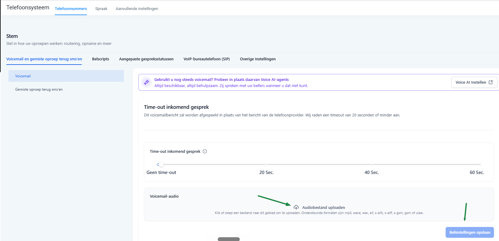 Voicemail instellingen in Leadgains met uploadzone voor audiobestand