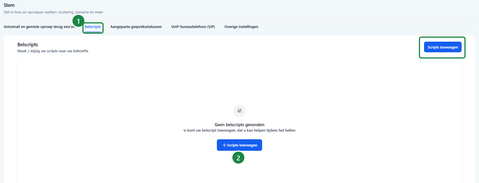 Belscripts tab in het telefoonsysteem met knop Scripts toevoegen