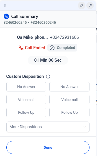 Call Summary in Leadgains met Custom Disposition opties en Done knop