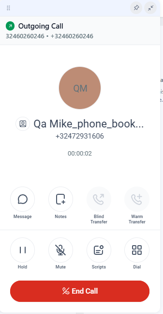 Uitgaand gesprek in Leadgains met knoppen Notes Scripts Dial Mute en End Call