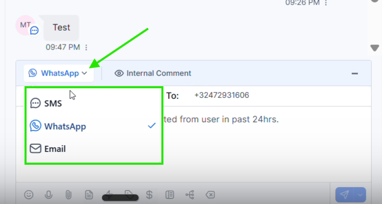 Kanaalkeuzemenu in Conversations met SMS WhatsApp en Email