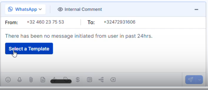 WhatsApp composer met melding dat er geen bericht van de gebruiker was in de afgelopen 24 uur en knop Select a Template