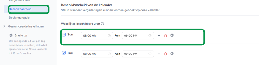 Availability tab with weekly available hours in calendar settings