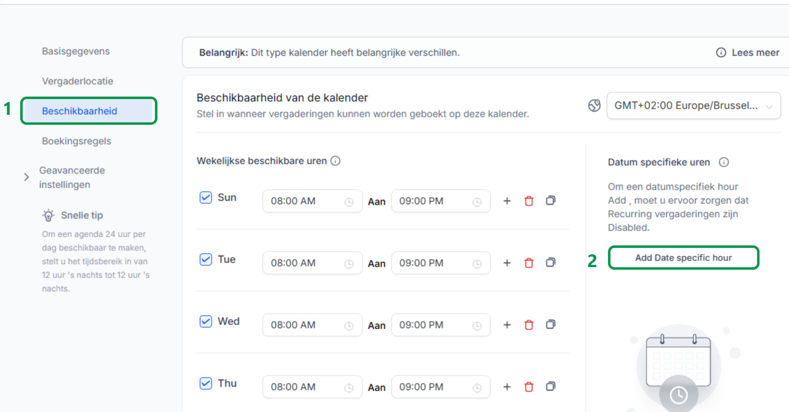 Beschikbaarheid-tab en knop Add Date specific hour voor datum-specifieke uren gemarkeerd