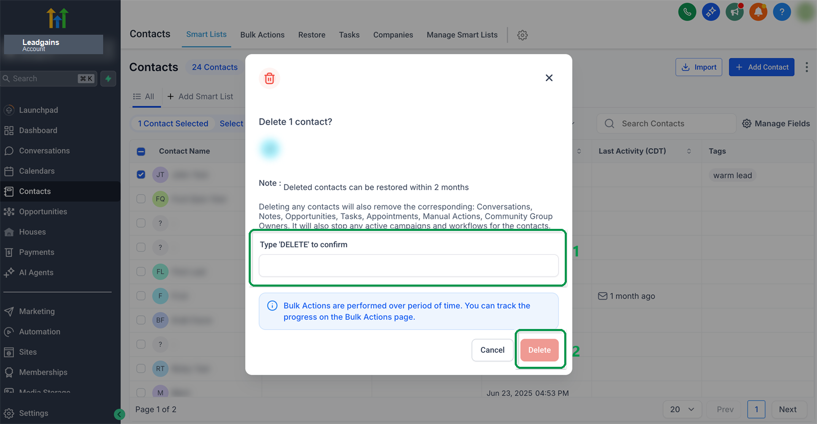 Contact verwijderen bevestigen door DELETE te typen