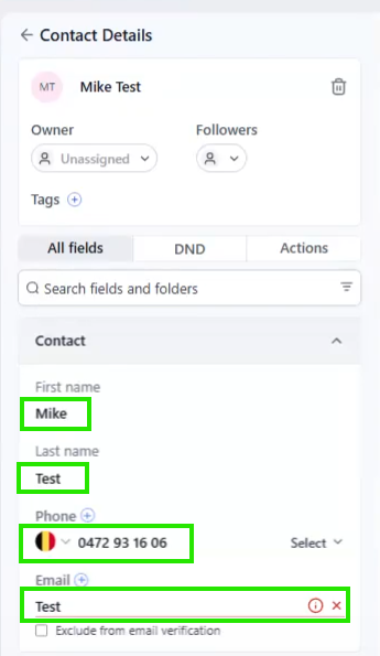 Contact Details met velden voor voornaam achternaam telefoonnummer en e-mail