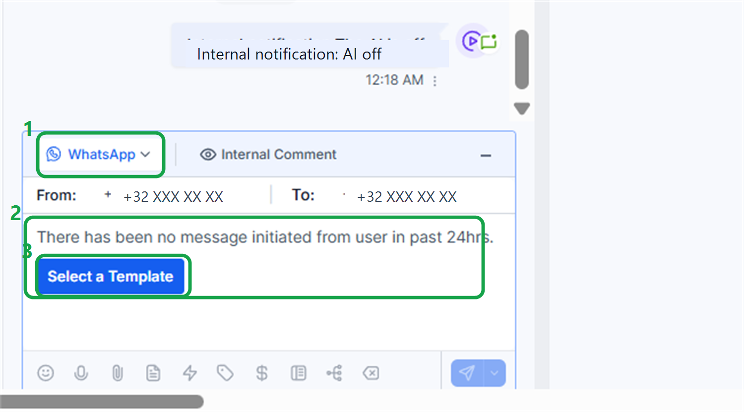 WhatsApp berichtcomposer met melding buiten het 24 uursvenster en knop Select a Template
