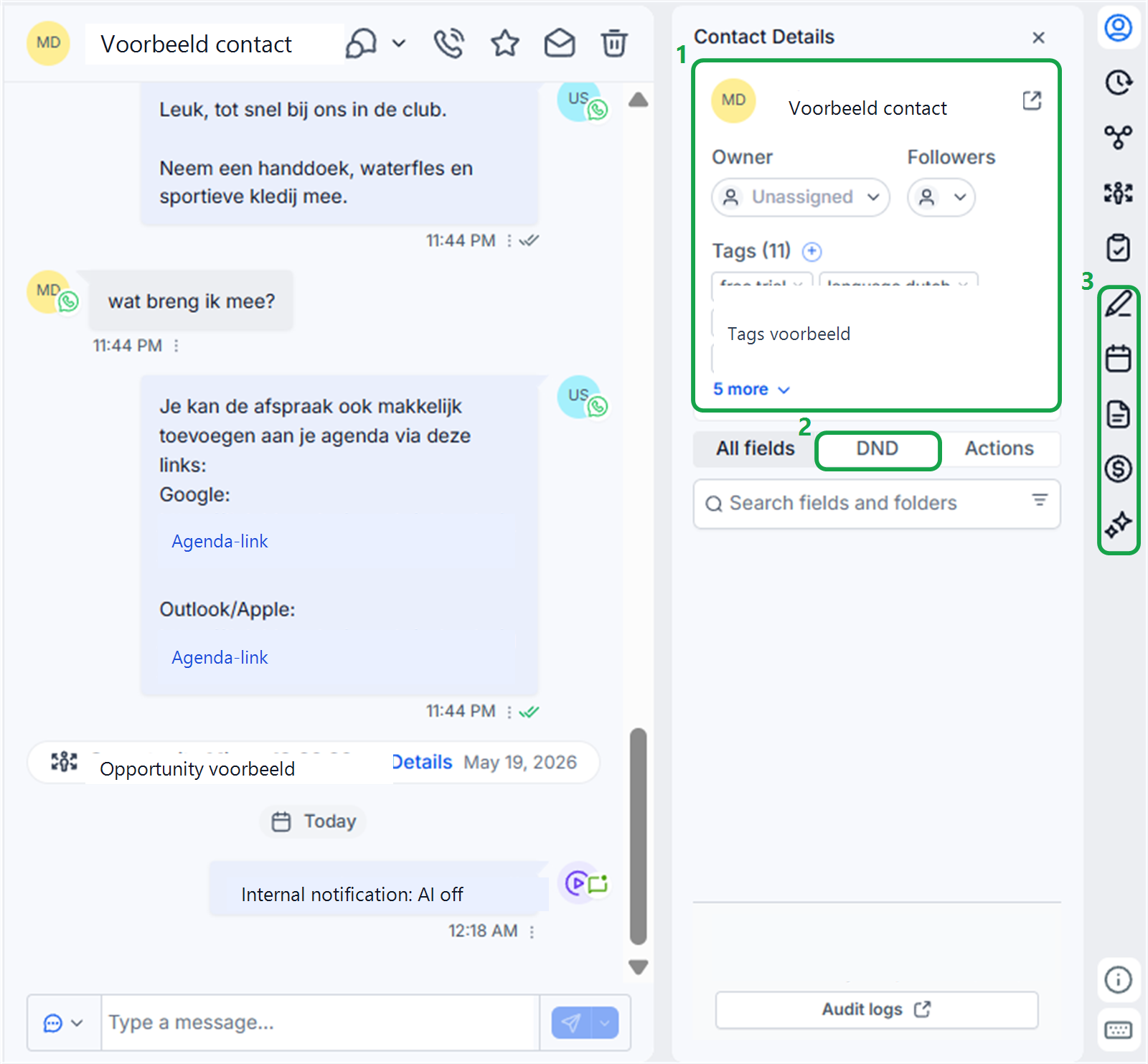 Contactdetails tags All fields DND en rechter zijiconen in Conversations