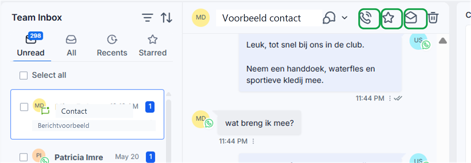 Actieknoppen bovenaan een gesprek in Conversations