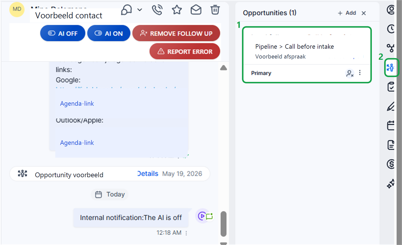 Opportunity paneel met pipeline stage en status