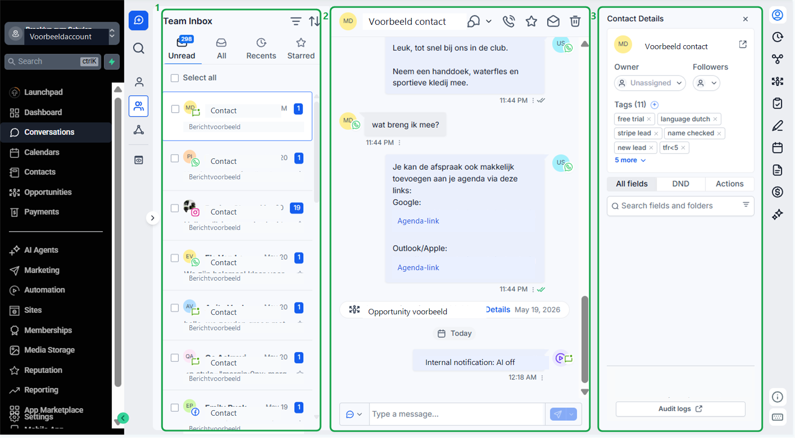 Conversations scherm met inbox gesprekstijdlijn en contactpaneel