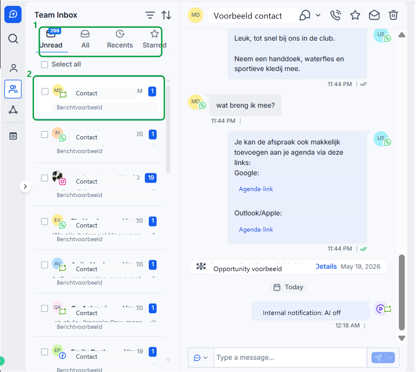 Team Inbox filters Unread All Recents en Starred