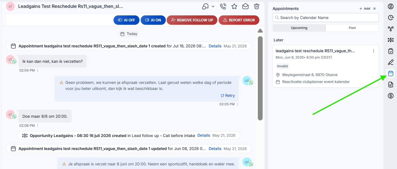Appointments paneel in Leadgains met pijl naar het kalendericoon