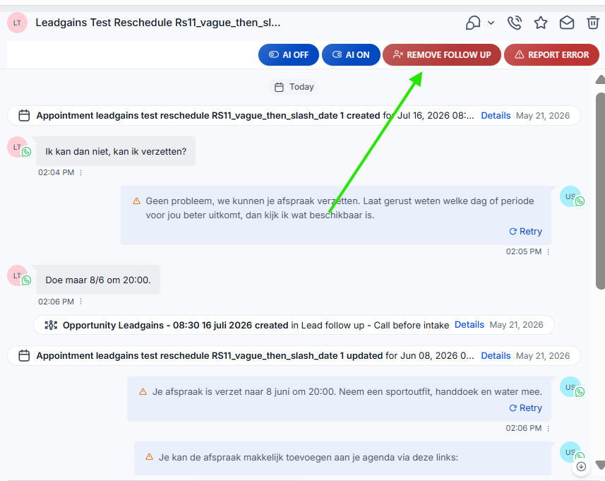 Gesprek in Leadgains met pijl naar de knop Remove Follow Up