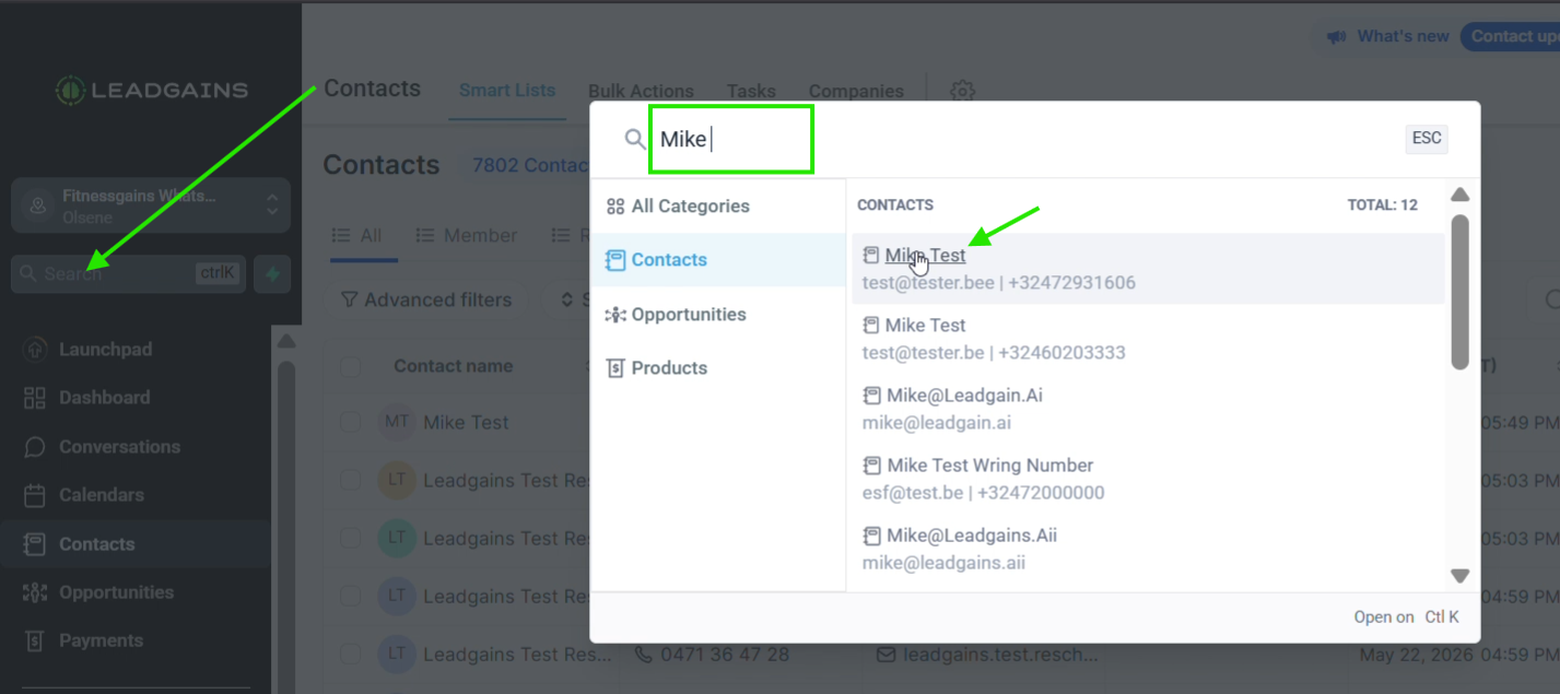 Algemene zoekbalk links in Leadgains met zoekresultaten voor een contact