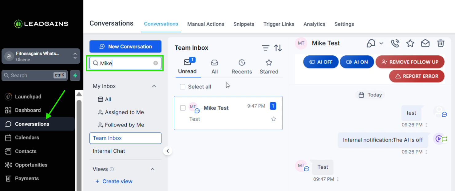 Conversations scherm met zoekbalk boven de Team Inbox