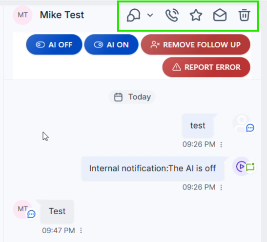 Snelle actieknoppen bovenaan een gesprek met filter bellen favoriet gelezen en verwijderen