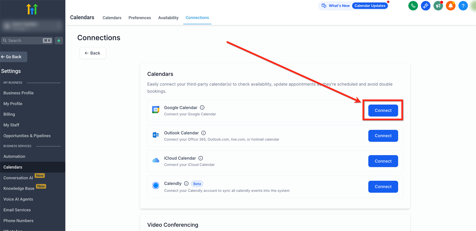 Google Calendar connect knop in Leadgains
