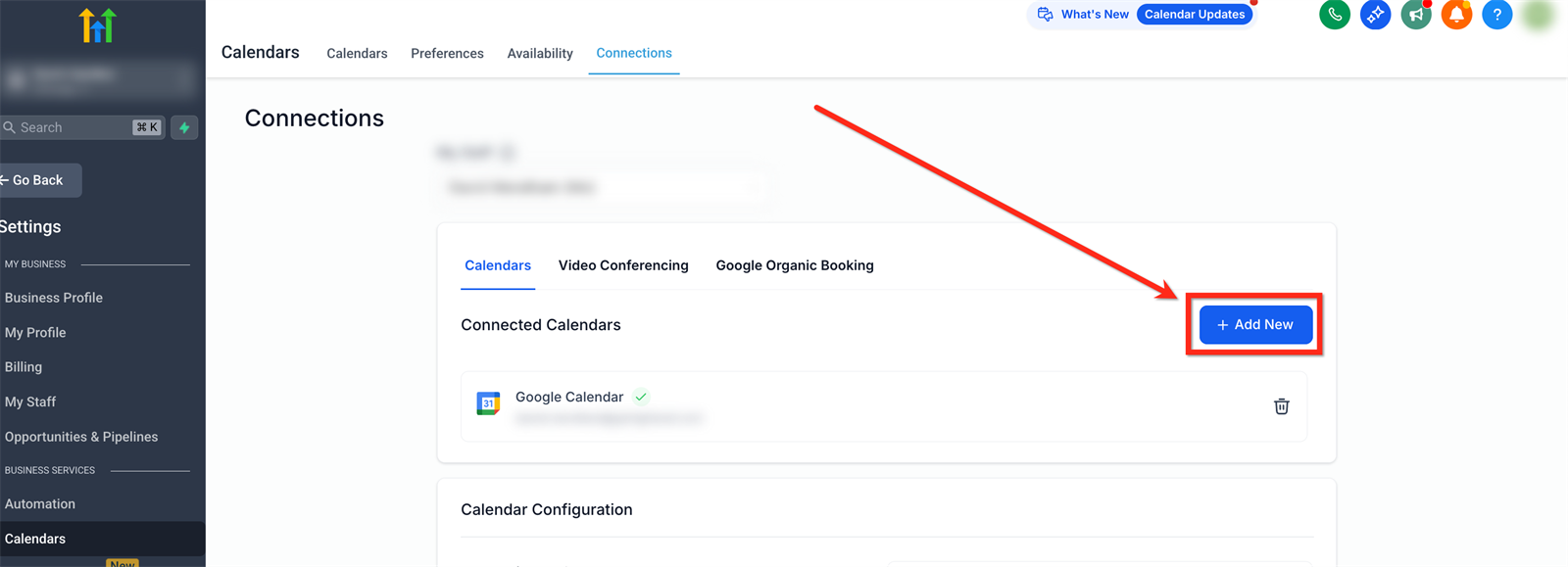 Connections tabblad openen en Add New kiezen