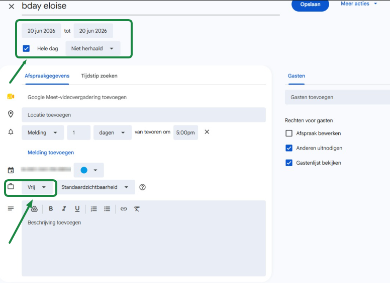 Google Calendar afspraak voor een hele dag met de status Vrij aangeduid