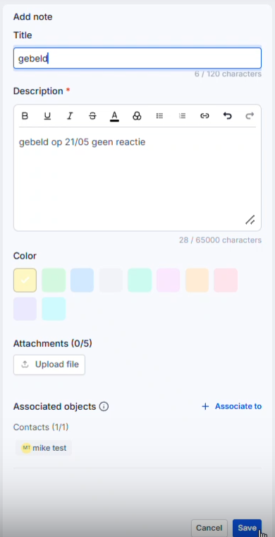 Add note formulier met titel beschrijving kleur bijlage en Save knop