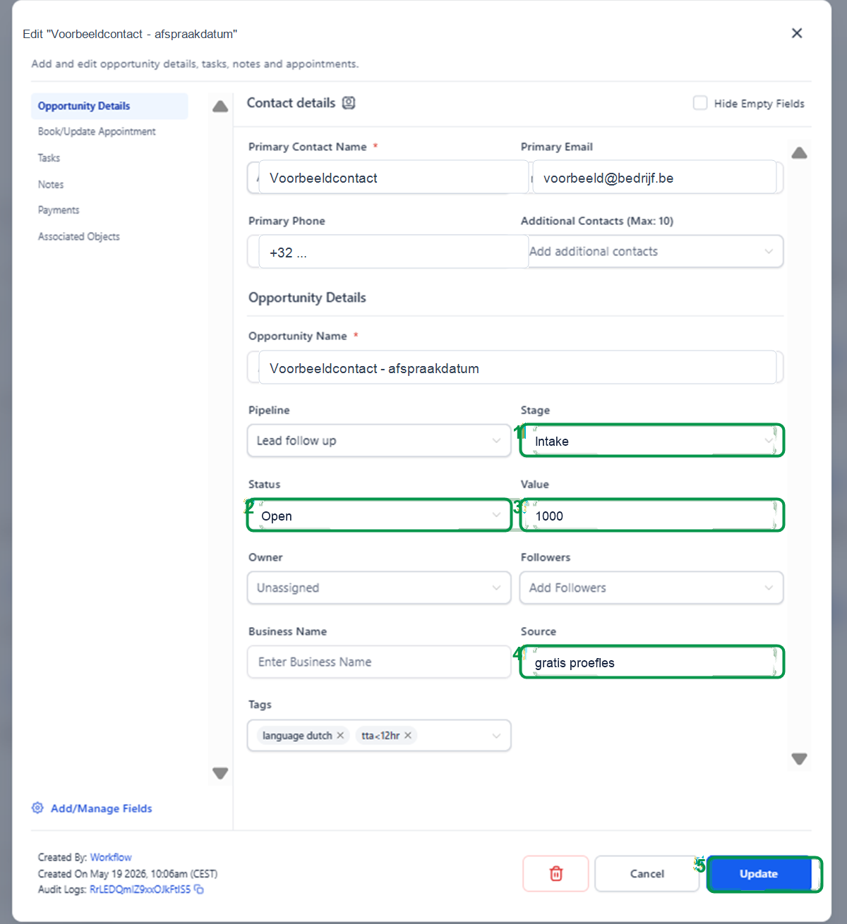 Opportunitykaart bewerken met stage status value source en update knop