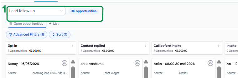 Pipeline selector bovenaan het Opportunities scherm