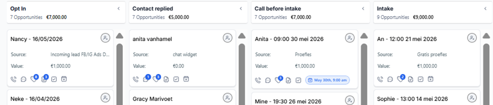 Eerste pipeline stages Opt In Contact replied Call before intake en Intake