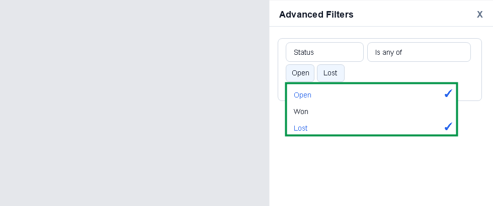 Statusfilter met Open en Lost in Advanced Filters