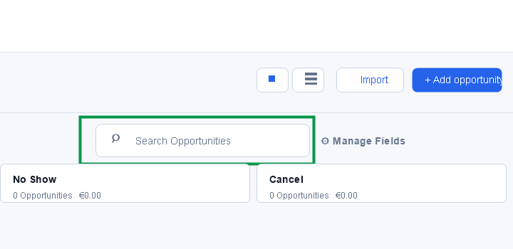 Search Opportunities zoekbalk in het Opportunities overzicht