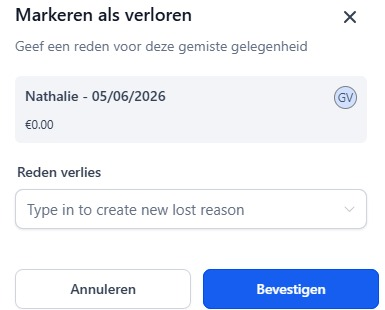 Venster Markeren als verloren met veld Reden verlies om een nieuwe verliesreden te typen