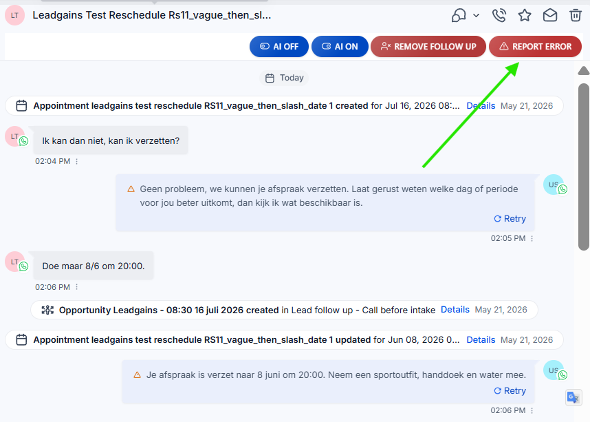 Report Error knop rechtsboven in het Conversations scherm