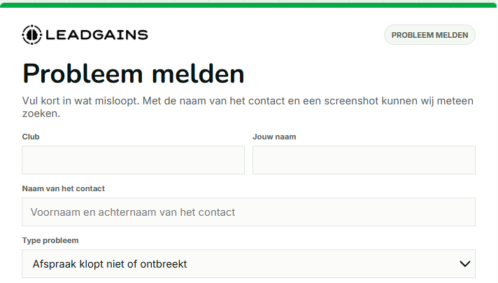 Probleem melden formulier met club jouw naam contactnaam en type probleem