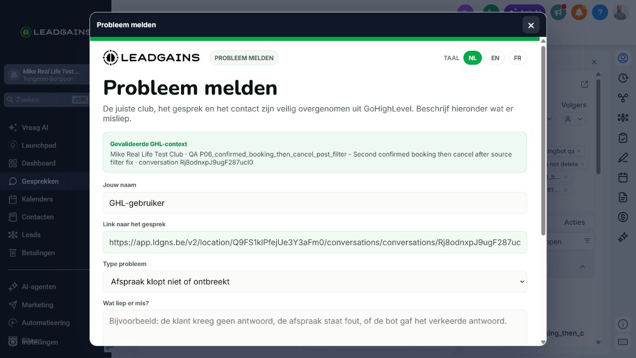 The secure Report Error form opened inside the same Conversations screen