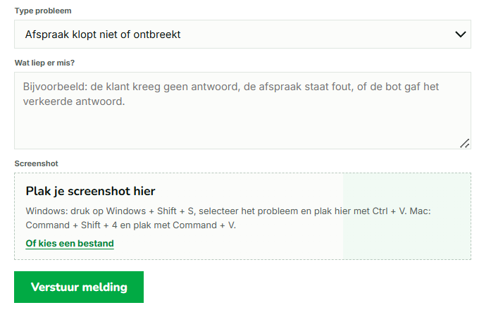 Screenshotveld in het Report Error formulier met sneltoetsen voor Windows en Mac