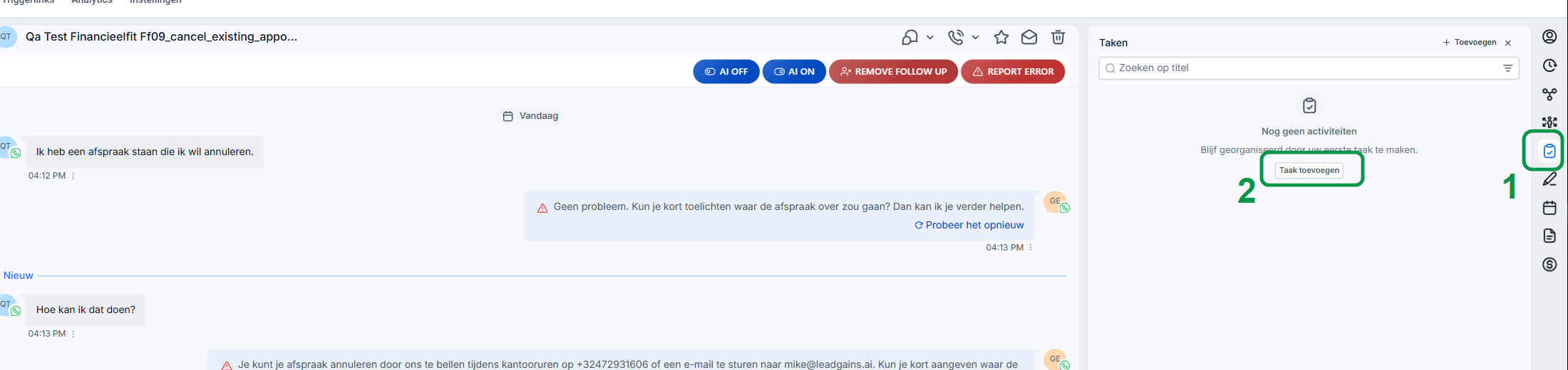 Takenpaneel openen vanuit een gesprek met de knop Taak toevoegen