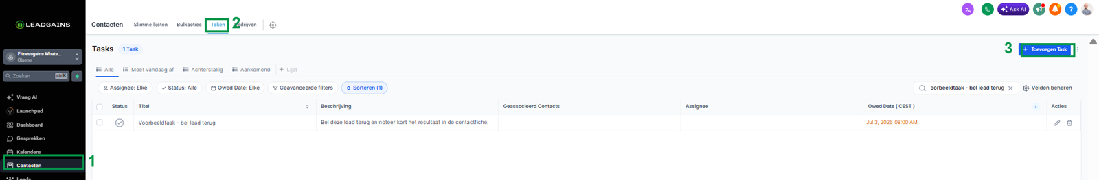 Takenlijst openen via Contacten en Taken met de knop Toevoegen Task